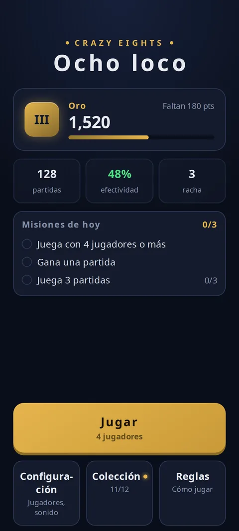 La pantalla de inicio con el rango y las misiones del día
