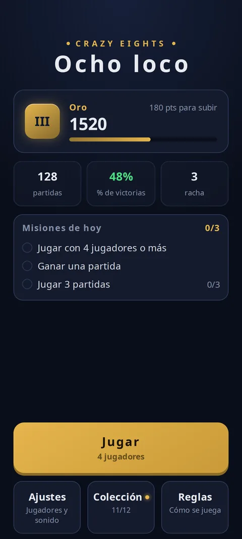 La pantalla de inicio con el nivel y las misiones del día