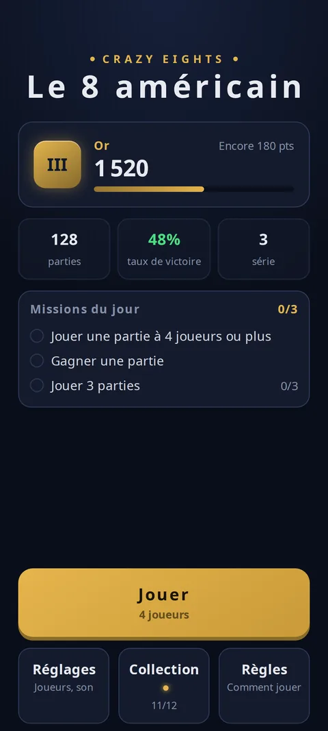 Le menu principal, avec le rang et les missions du jour