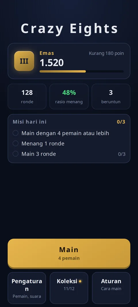 Layar utama dengan tingkat dan misi harian