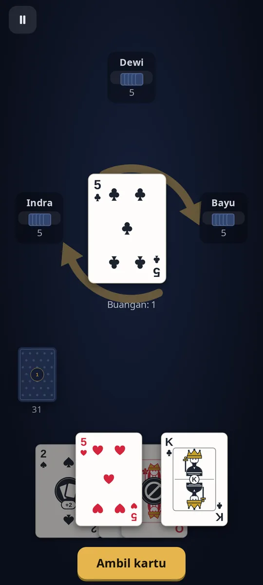 Satu ronde Crazy Eights yang sedang berjalan