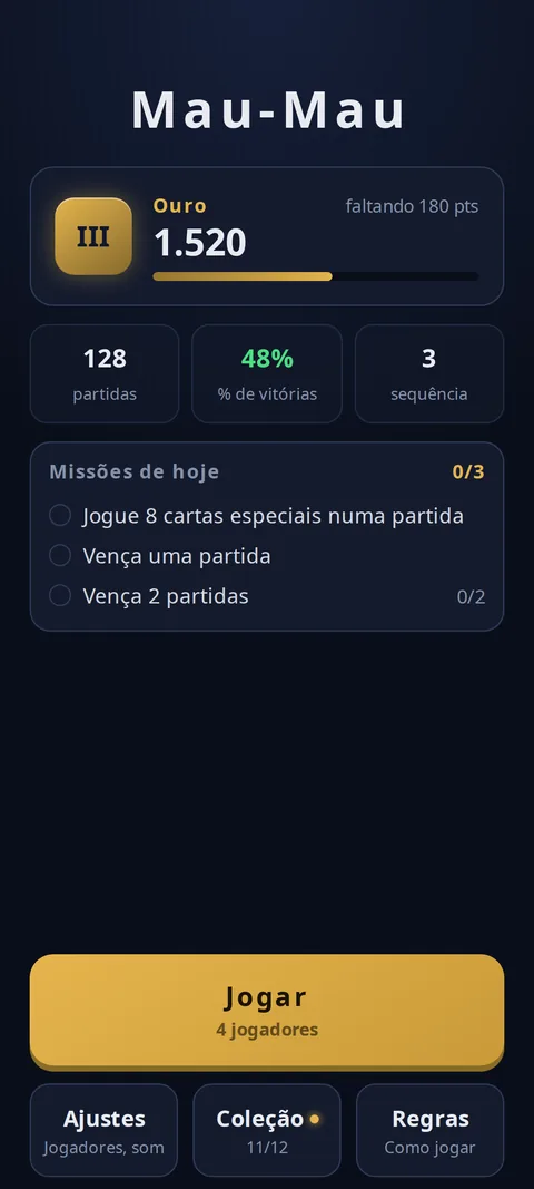 A tela inicial com o nível e as missões de hoje