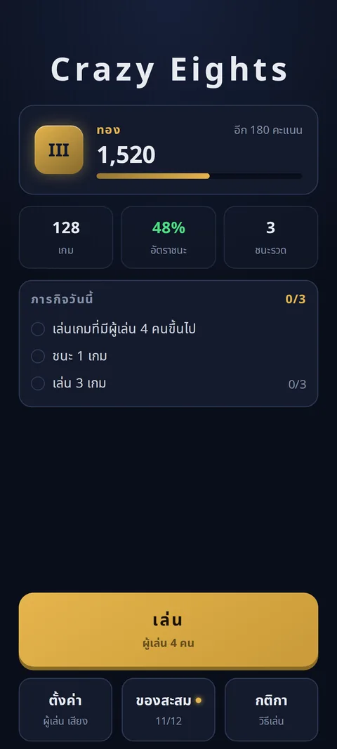 หน้าหลักที่แสดงระดับและภารกิจประจำวัน