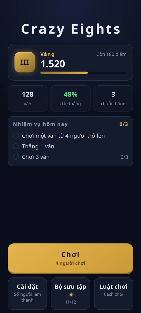Màn hình chính với hạng và nhiệm vụ hằng ngày